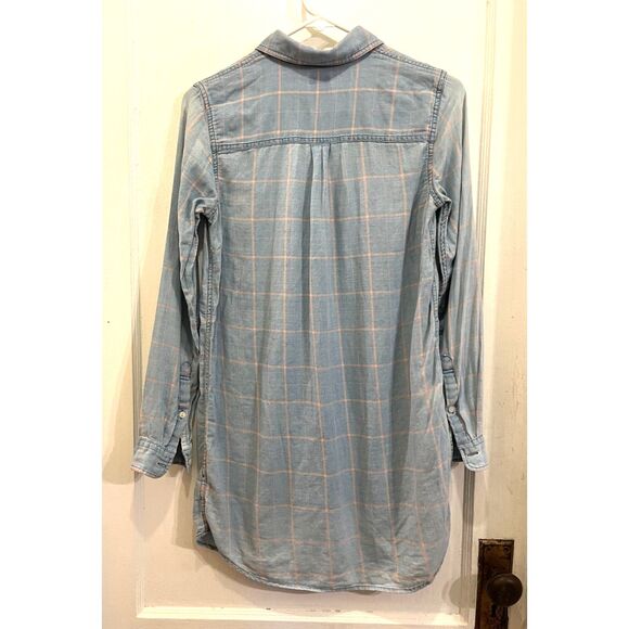 FAHERTY Light Blue Pink Check Button Up Tunic Shirt Dress Women's Size XS - Picture 6 of 9